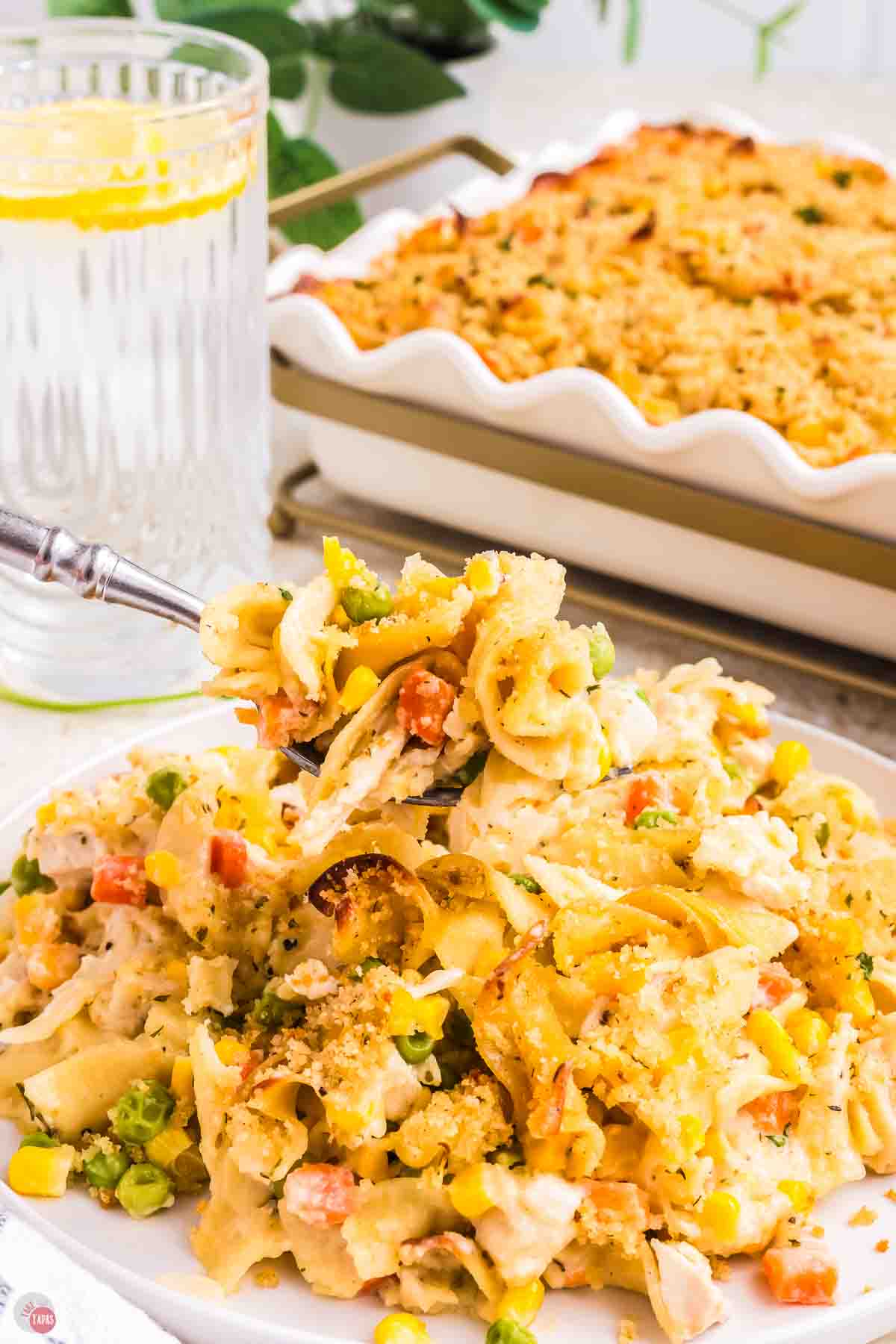 fork with bite of chicken and egg noodles