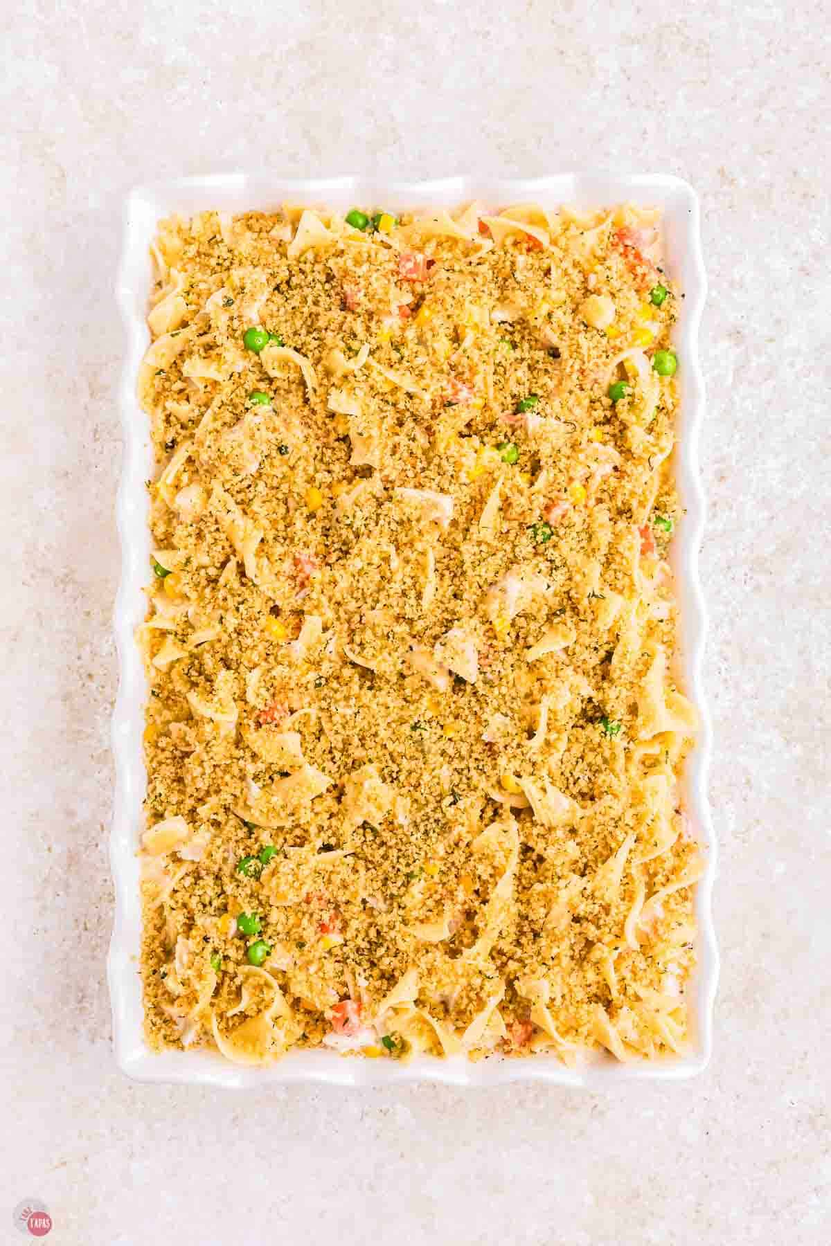 casserole topped with breadcrumbs in a white dish