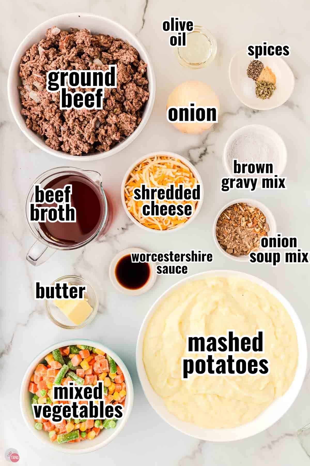 ingredients for a crockpot shepherd's pie recipe in individual bowls with text overlay labeling them