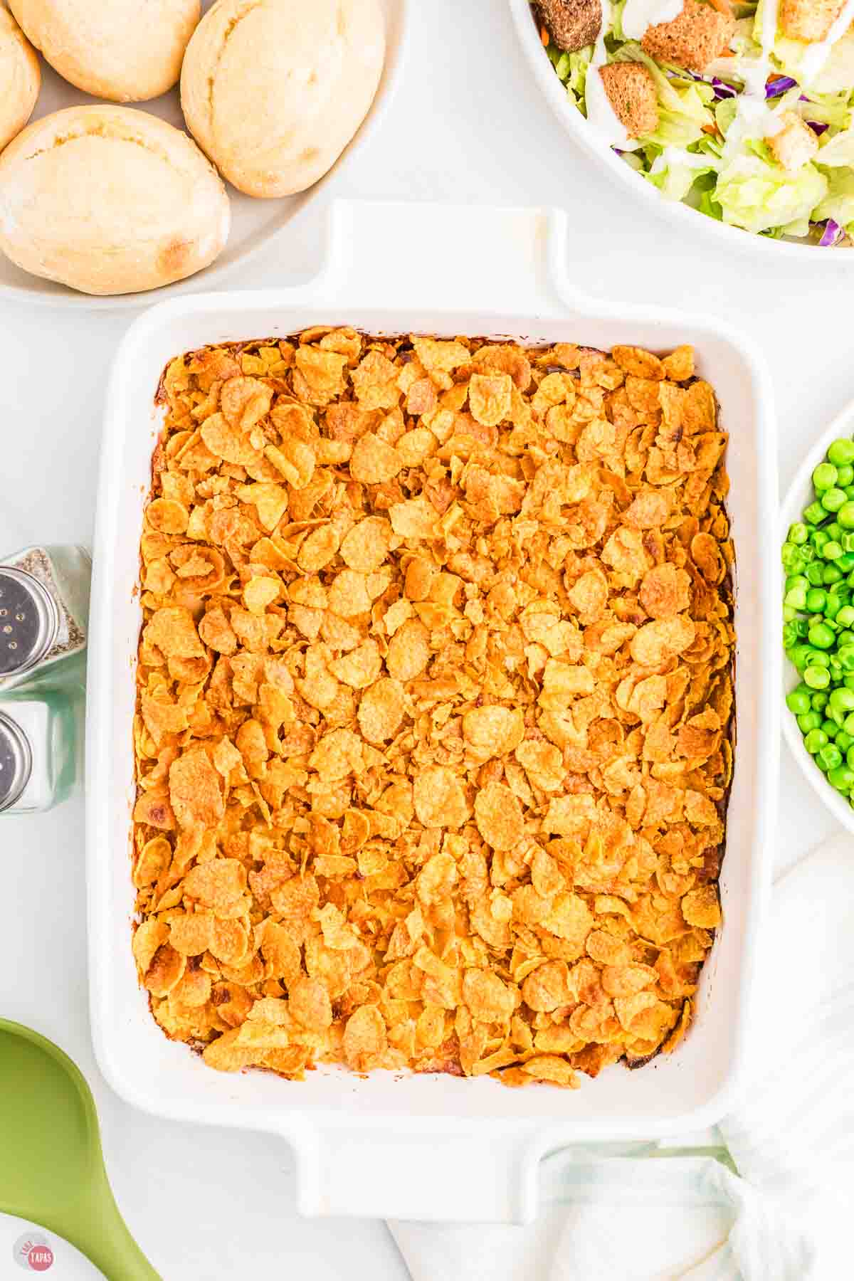 baked crunchy chicken casserole in a white baking dish