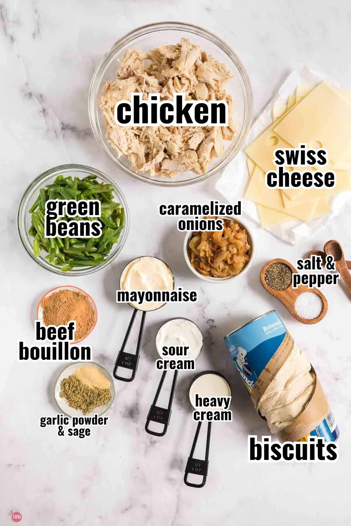ingredients for a casserole recipe in individual bowls with text overlay labeling them