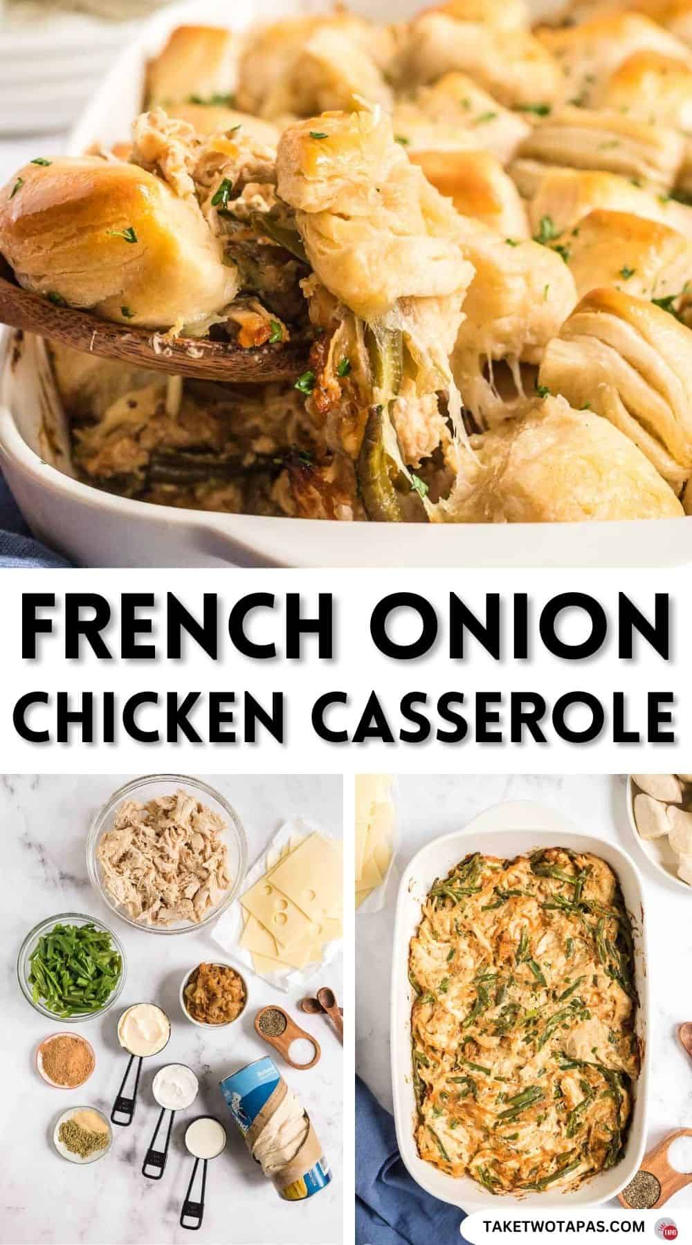 Pinterest pin image for french onion chicken casserole recipe