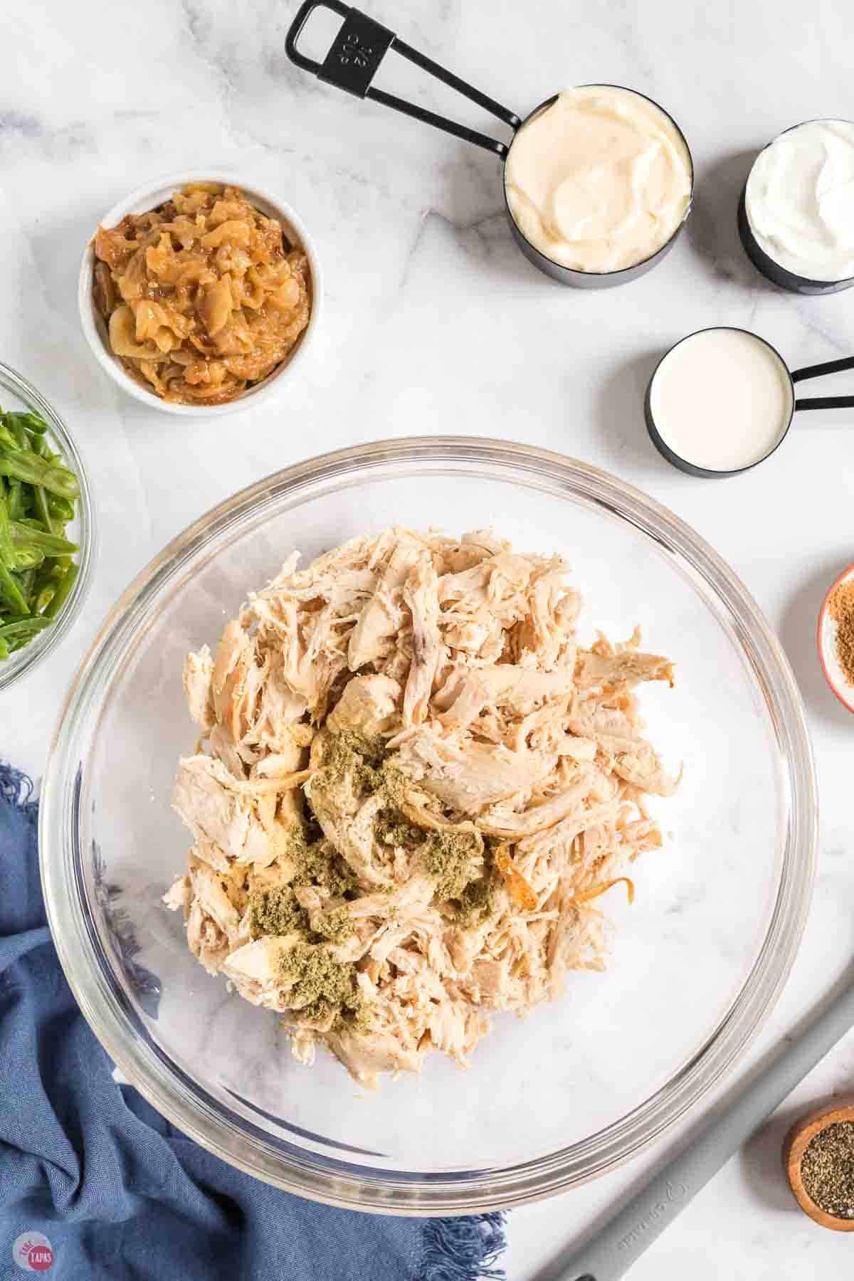 shredded chicken in a clear bowl