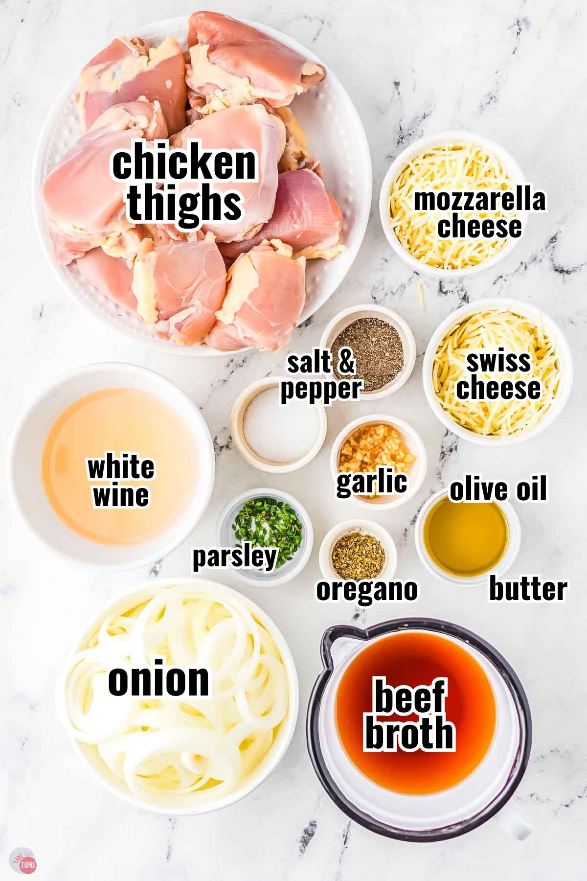 ingredients for a french onion soup chicken recipe in individual bowls with text overlay labeling them