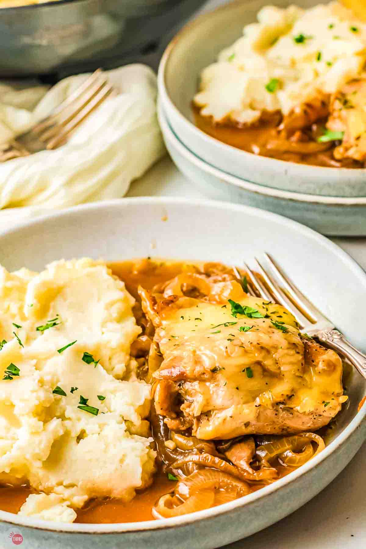 close up of chicken and mashed potatoes in a bowl