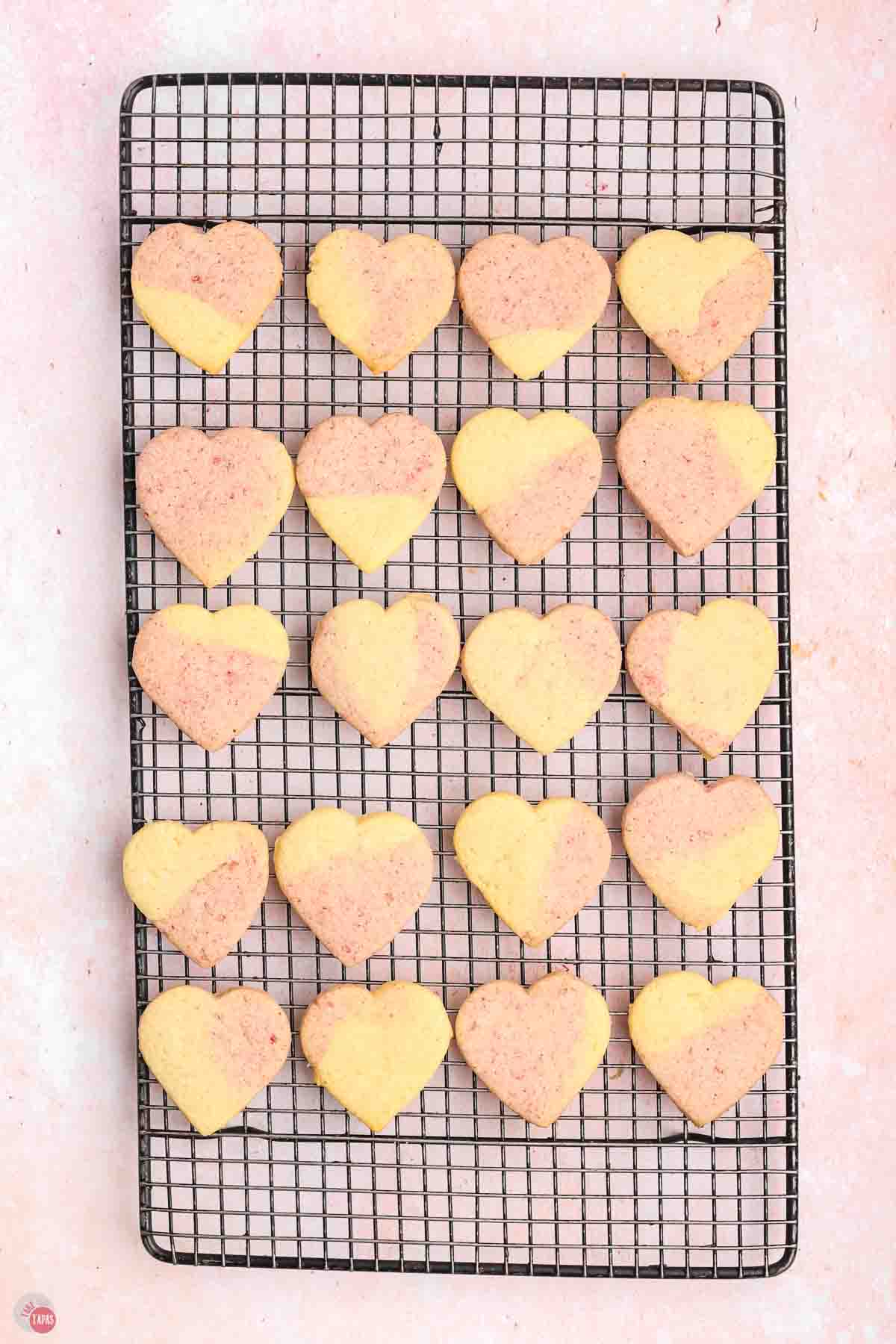 heart sugar cookies on a wire cooling rack