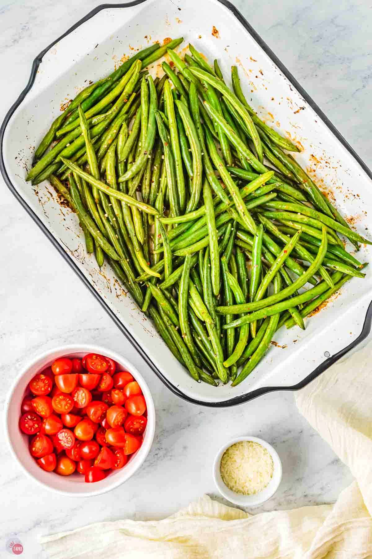 roasted green beans in a baking dish
