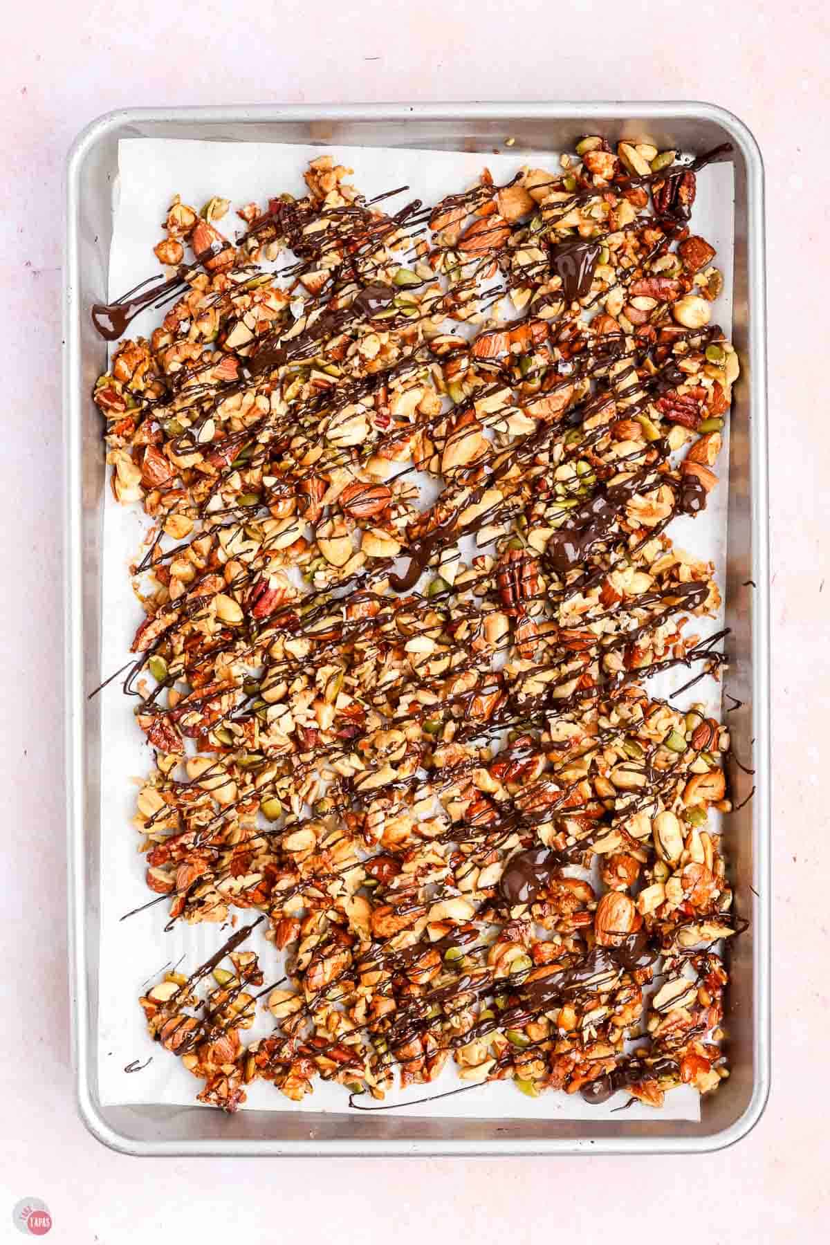 toasted nuts on a baking sheet drizzled with dark chocolate