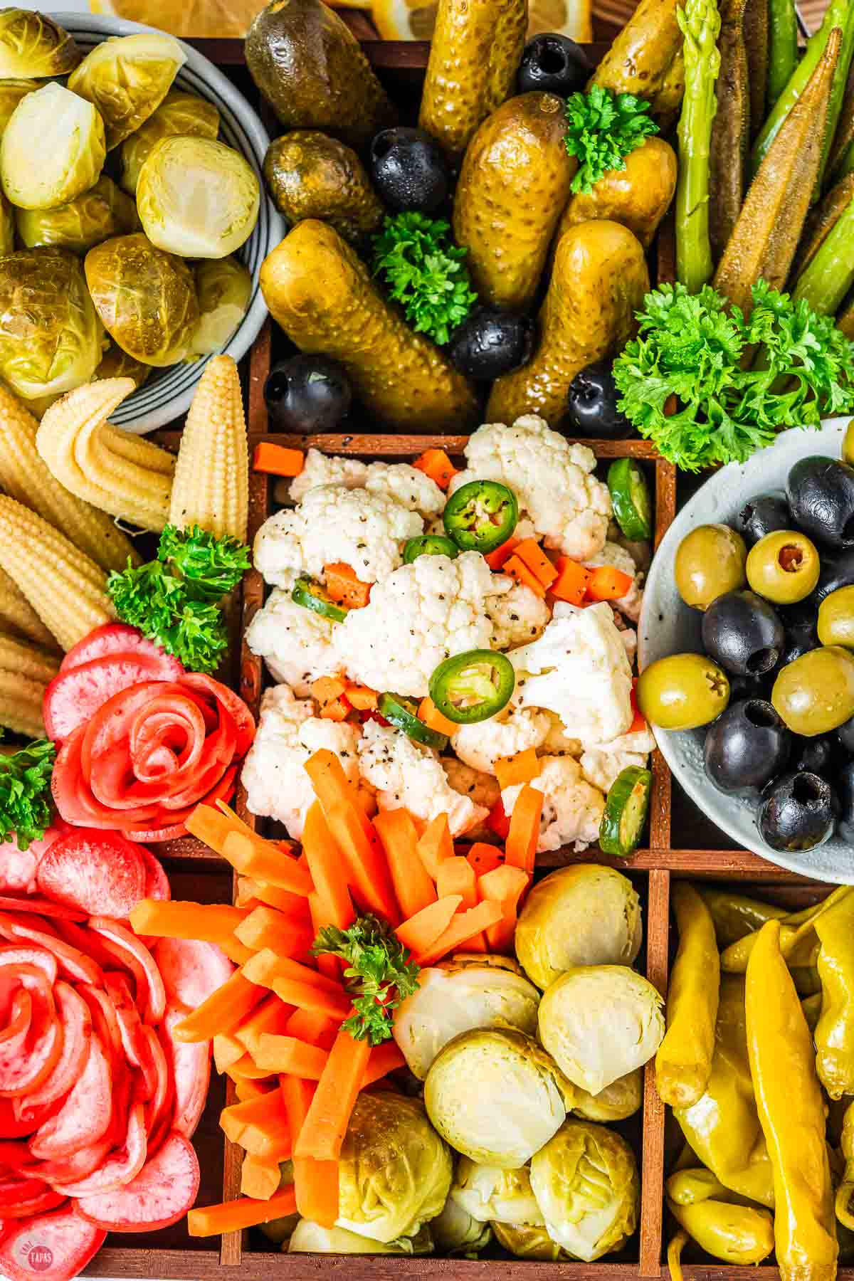 close up of sections of pickled vegetables