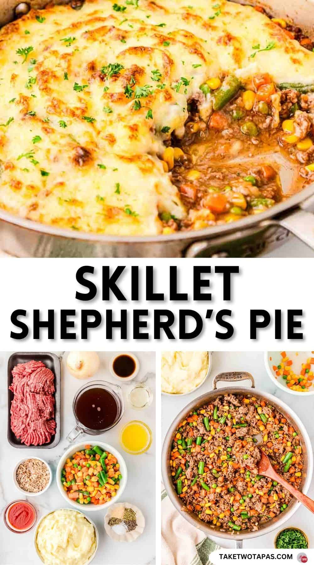 Pinterest pin image for a skillet shepherds pie recipe