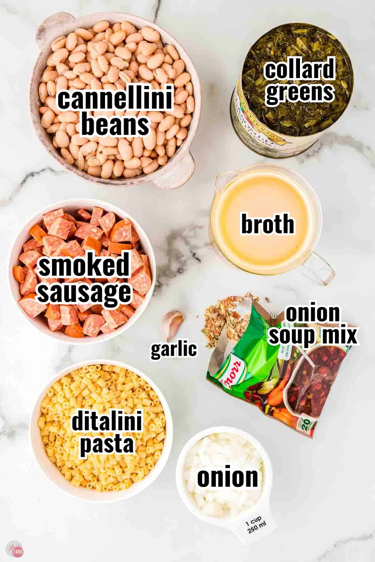 ingredients for a soup recipe in individual bowls with text overlay labeling them