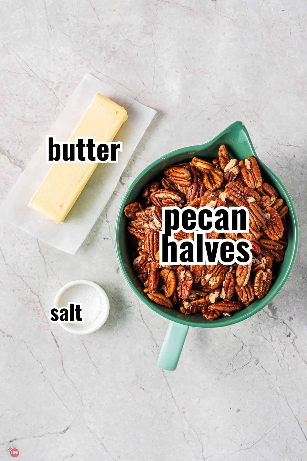 ingredients for toasted pecans recipe in individual bowls with text overlay labeling them