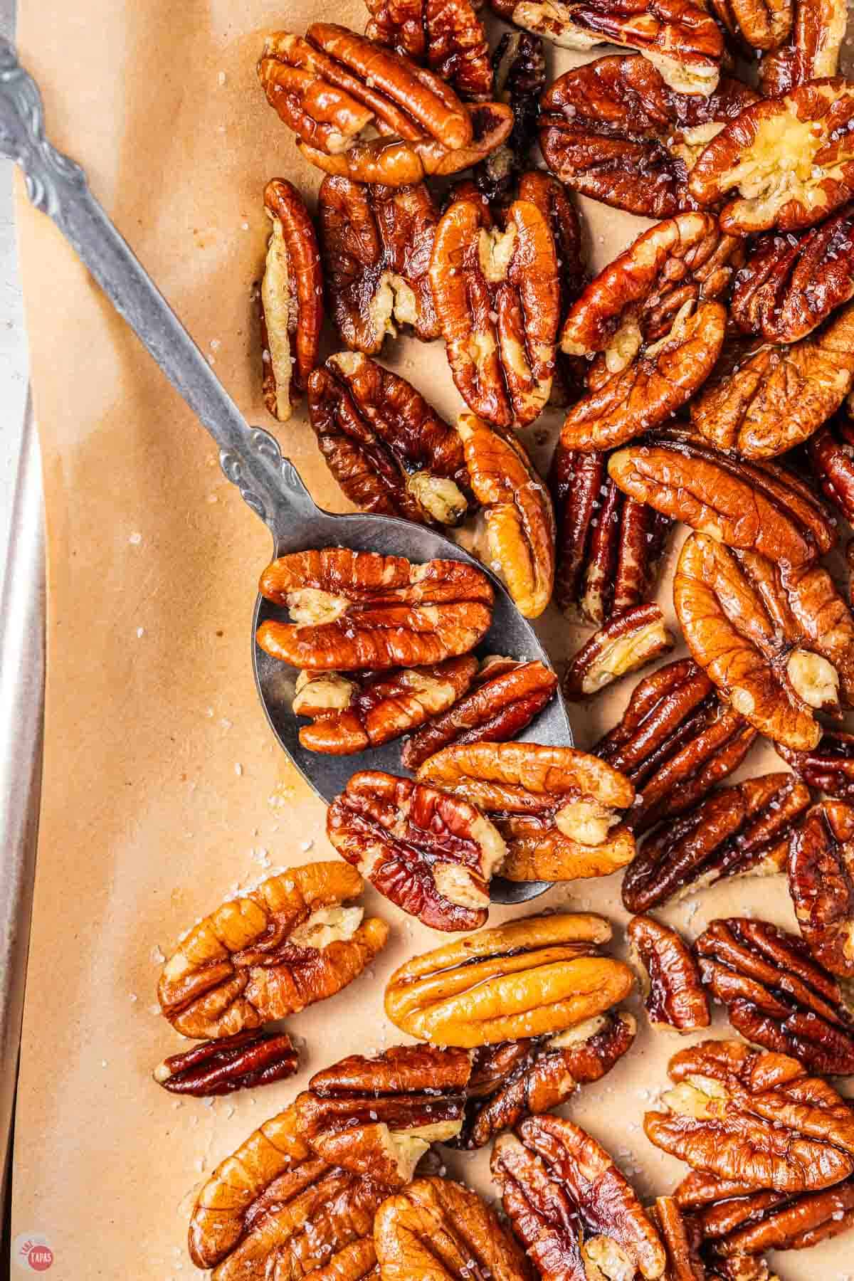 spoon full of pecan halves on top of parchment paper