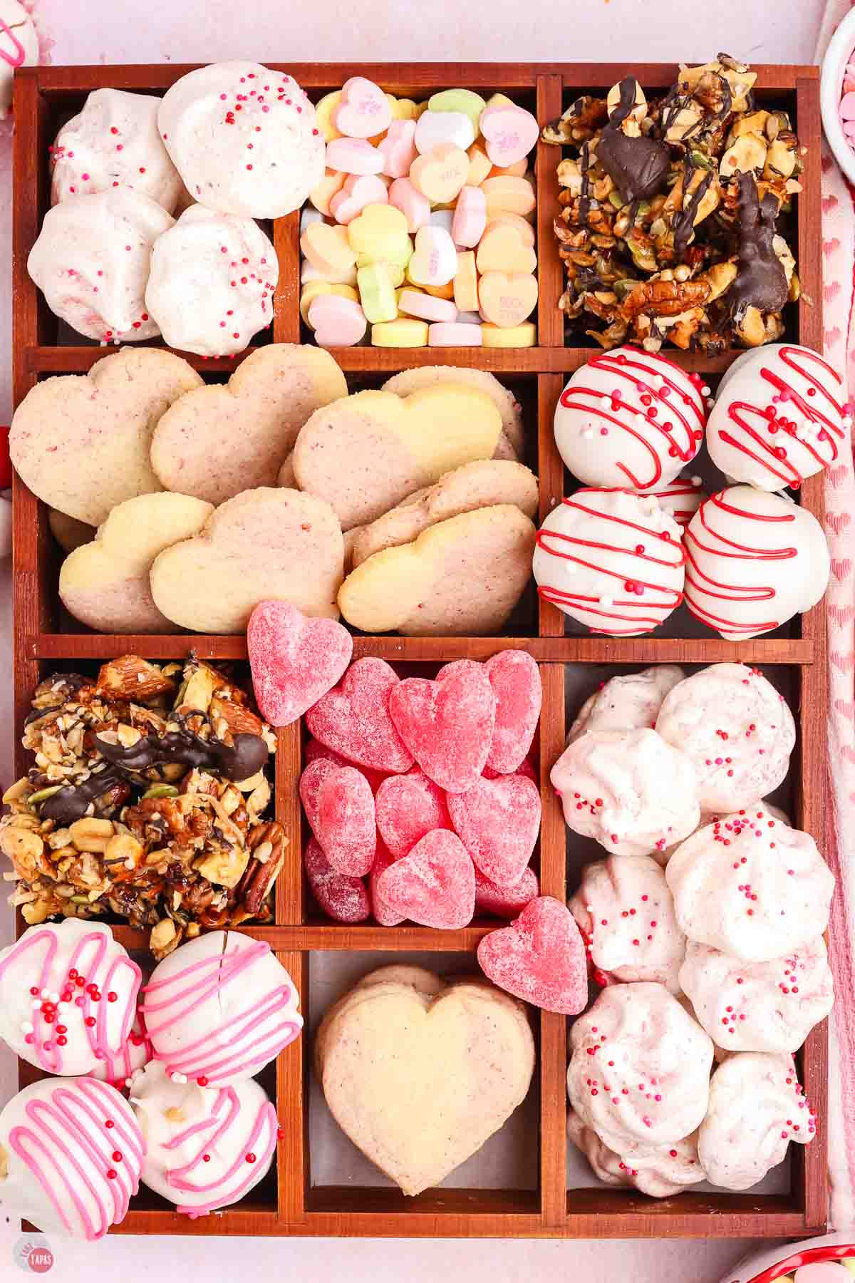 overhead picture of dessert gift box with cookies and candies