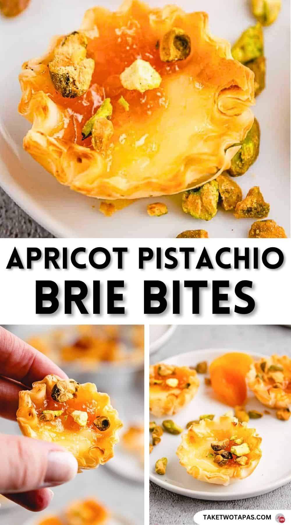 Pinterest pin image for apricot pistachio brie bites recipe