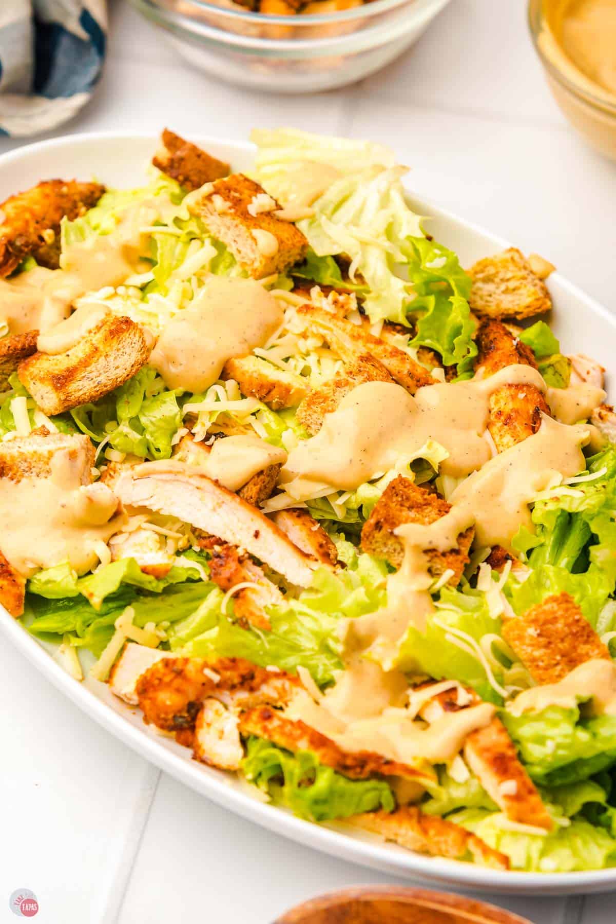 close up of caesar salad with blackened chicken