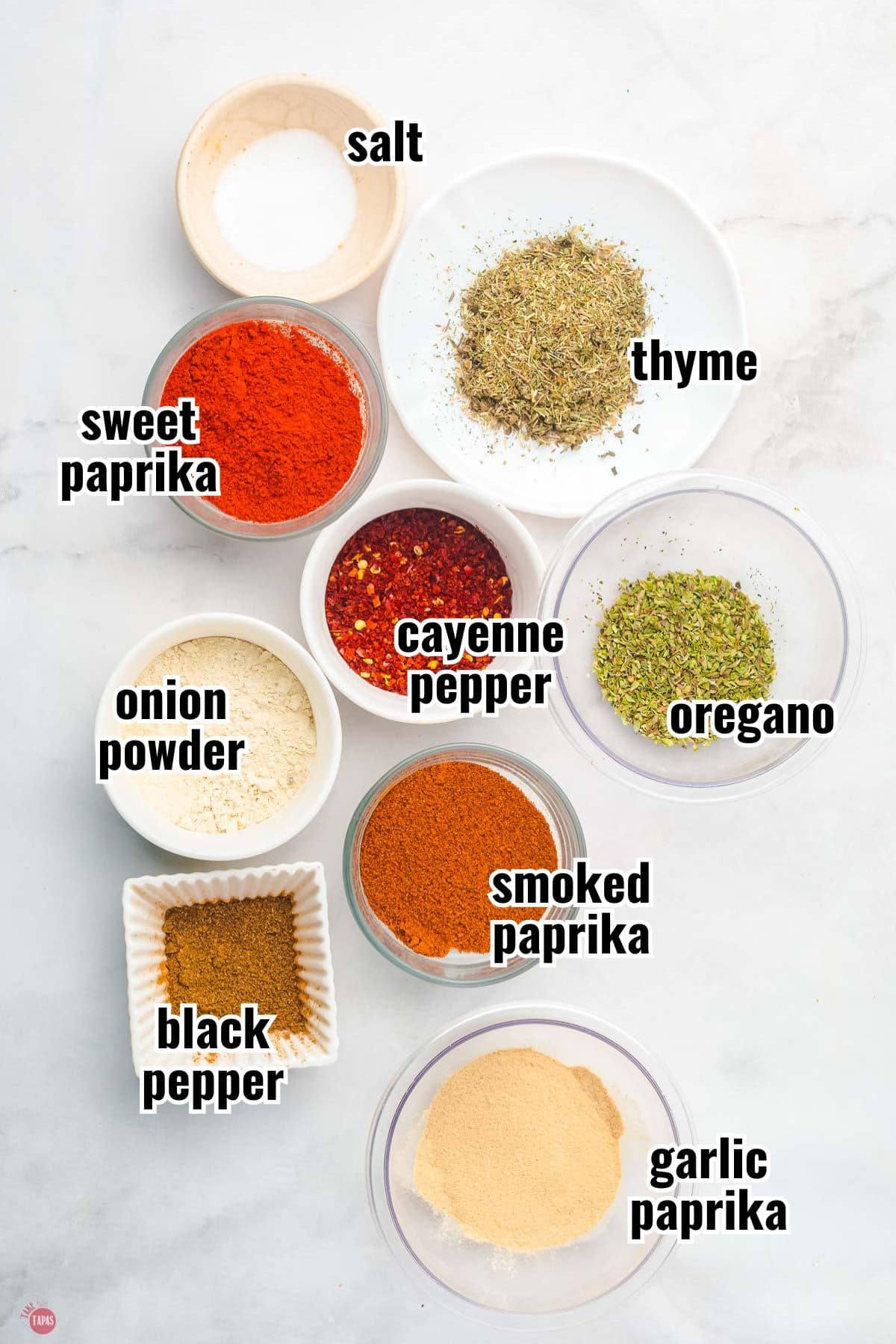 ingredients for a spice mix in individual bowls with text overlay labeling them