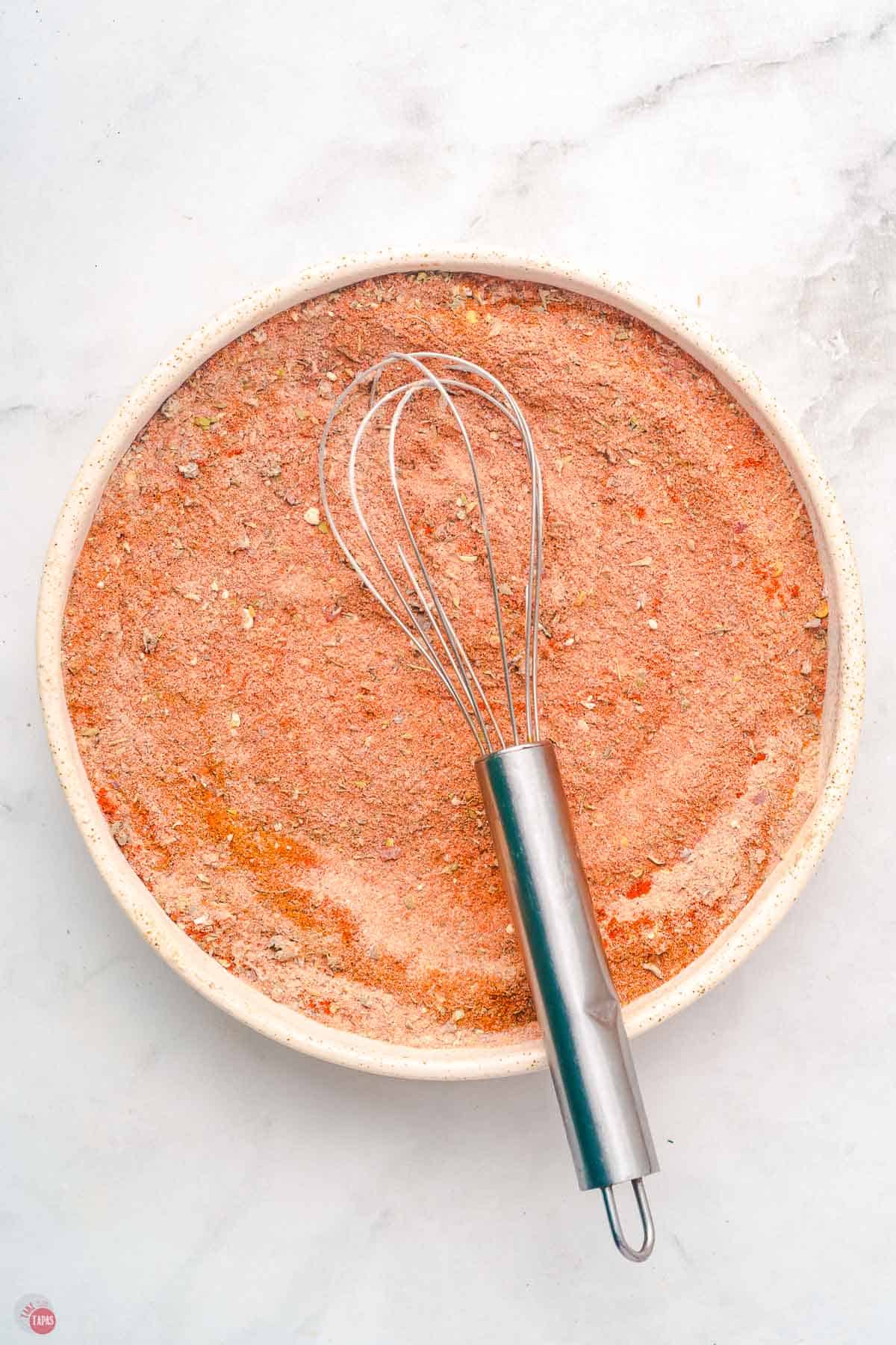 plate with a spice mix and a whisk on top