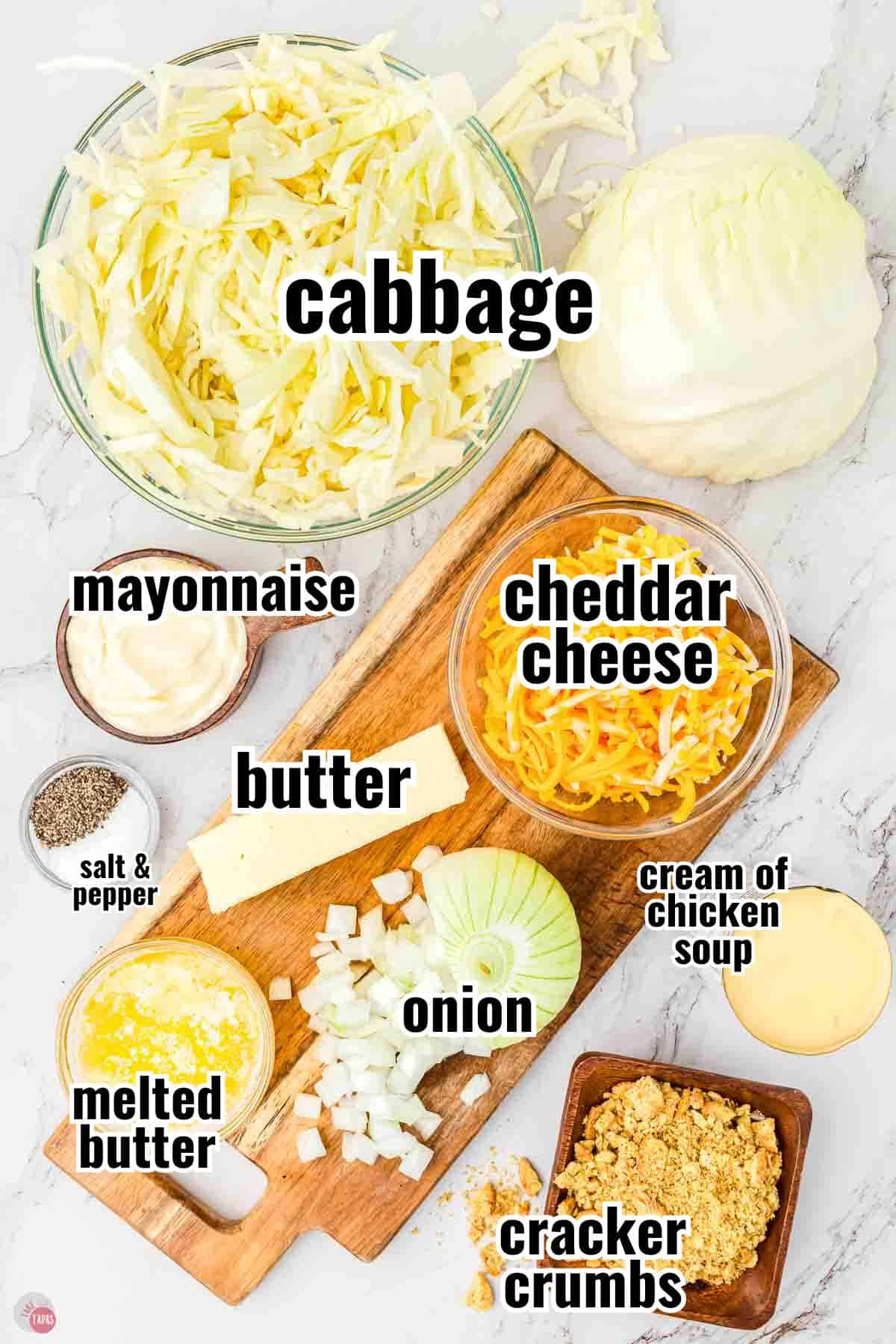 ingredients for cabbage casserole in individual bowls with text overlay labeling them
