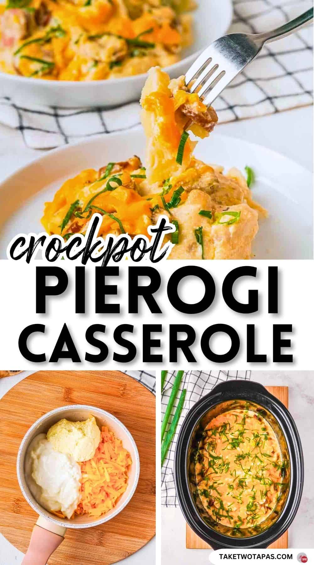 pinterest pin image for crockpot pierogi casserole recipe