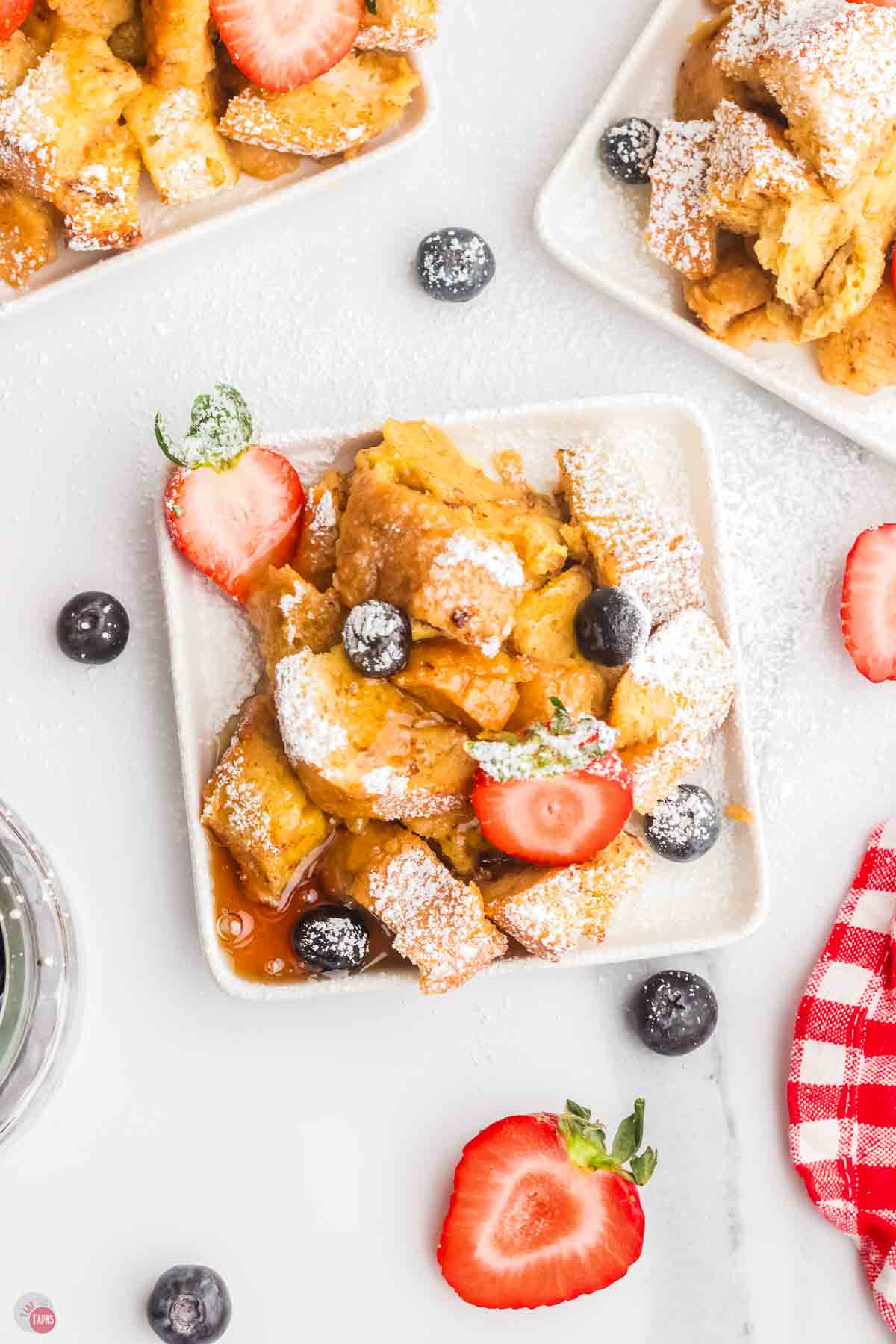 overhead picture of square plate with breakfast food on it