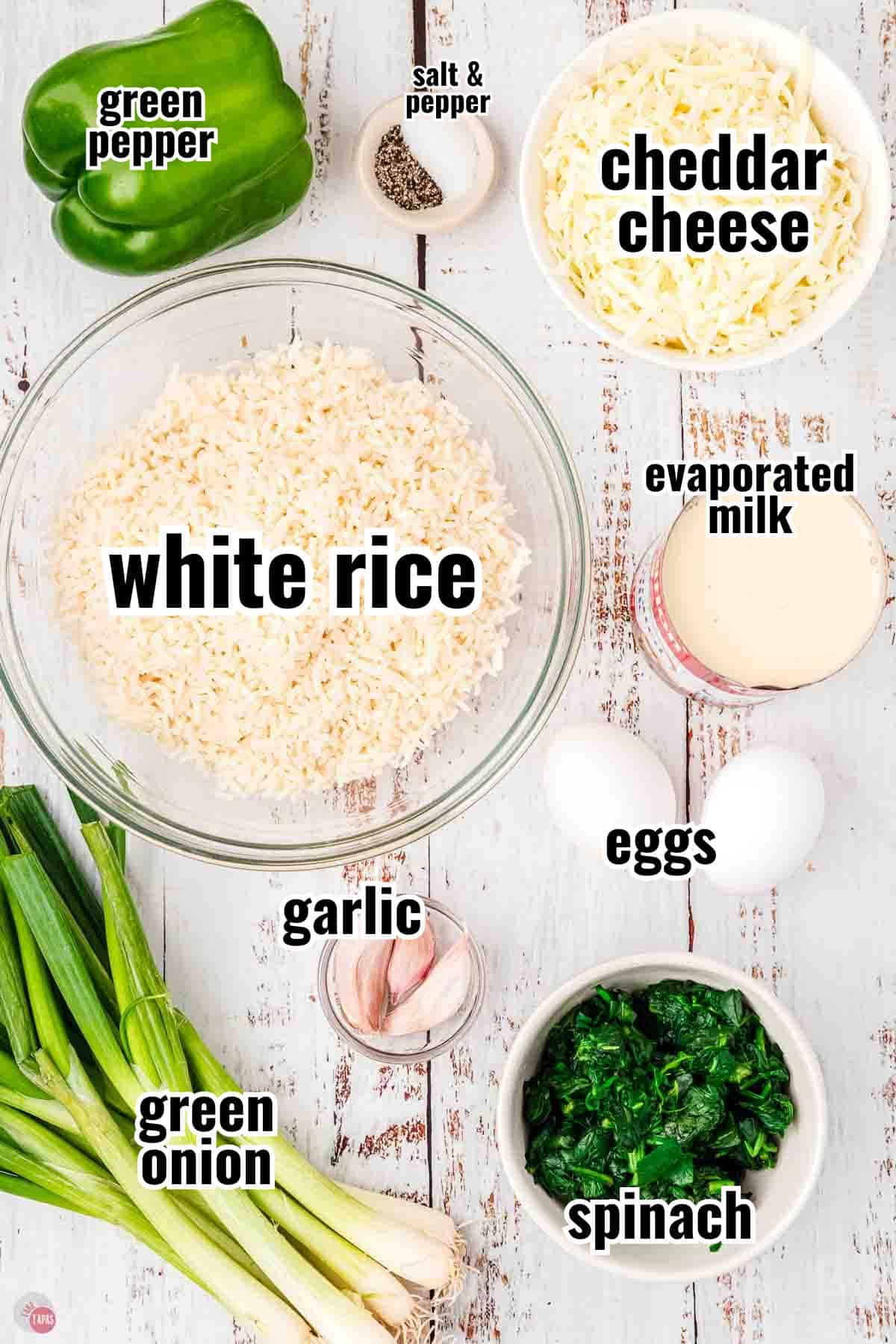 ingredients for a rice casserole in individual bowls with text overlay labeling them