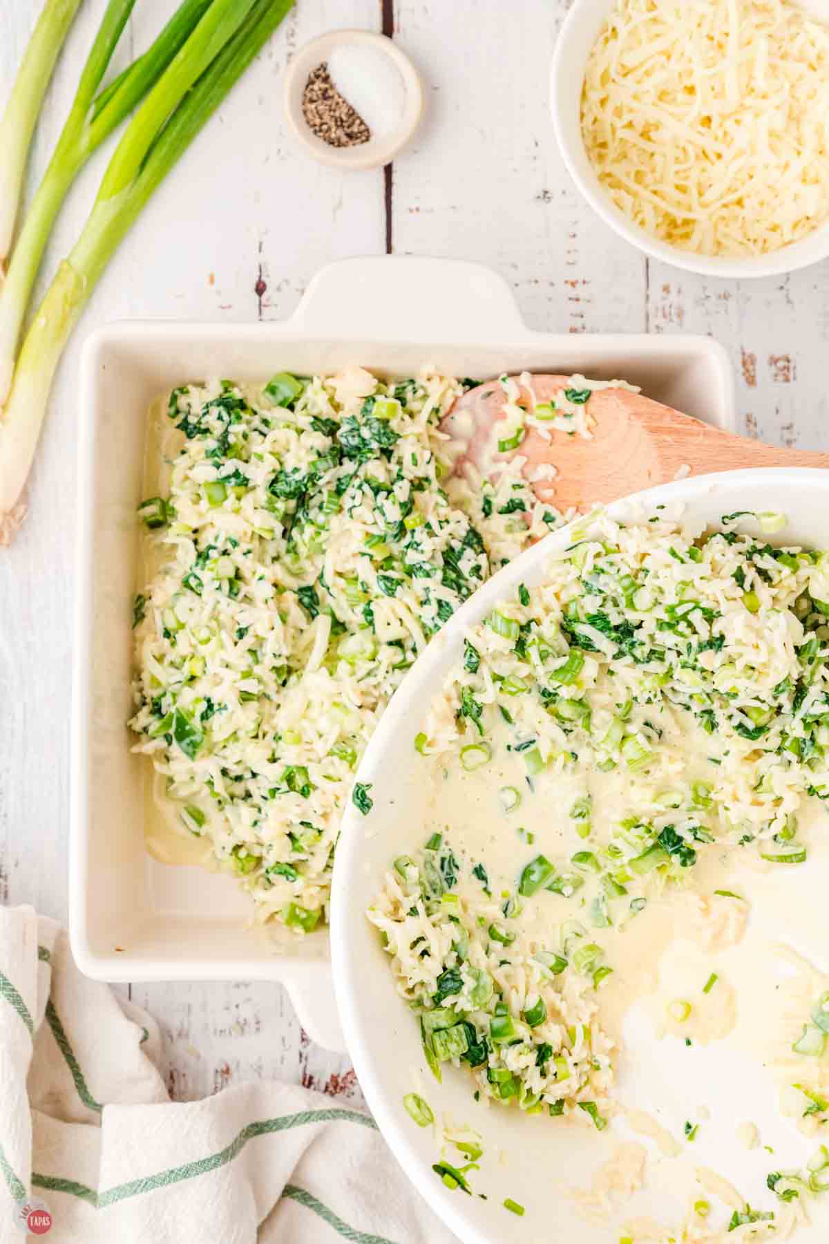 bowl with rice pouring into a casserole dish