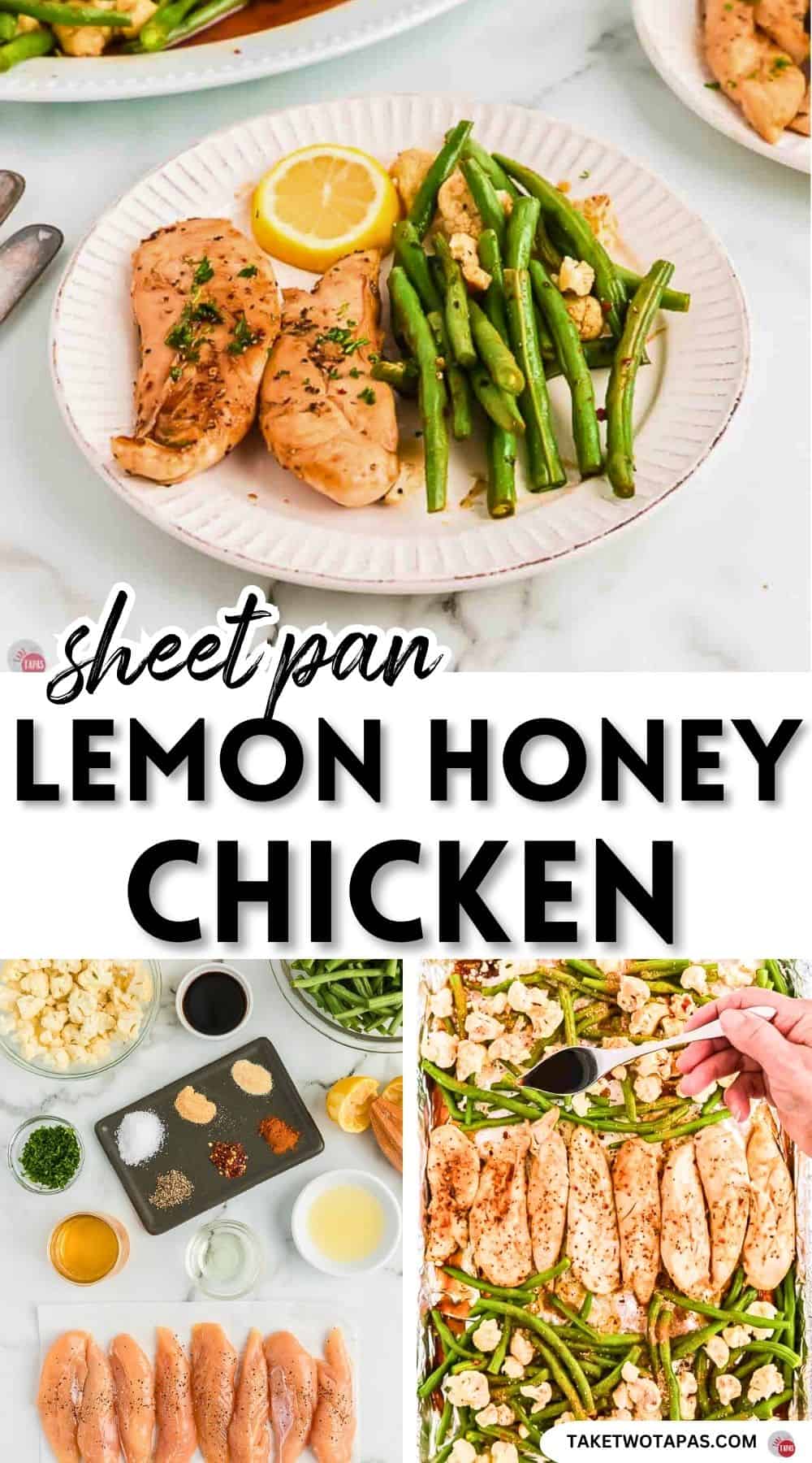 Pinterest pin image for sheet pan lemon honey chicken recipe