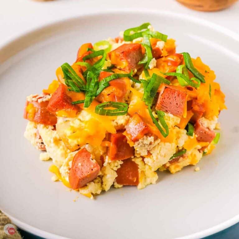 portion of pierogi casserole on a white plate