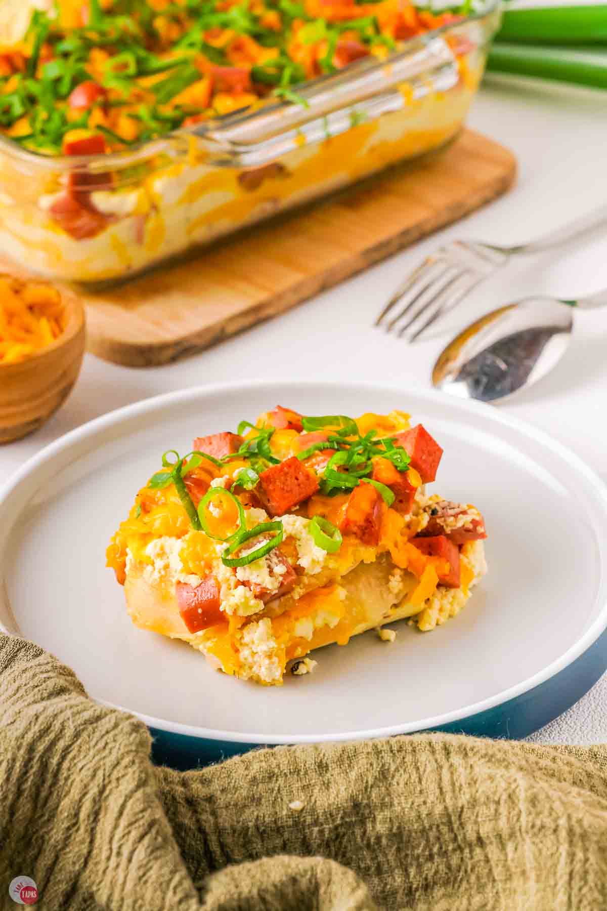 slice of casserole on a white plate