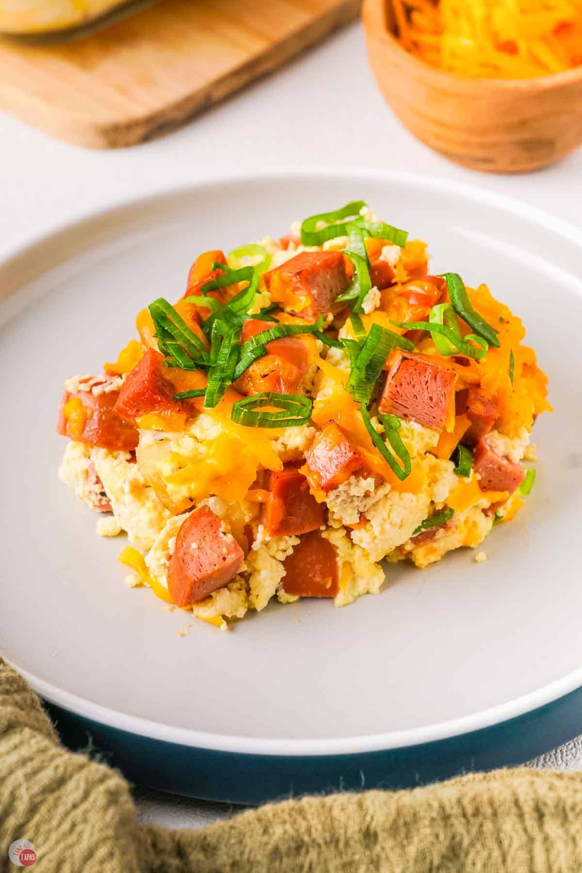 slice of pierogi casserole on a white plate
