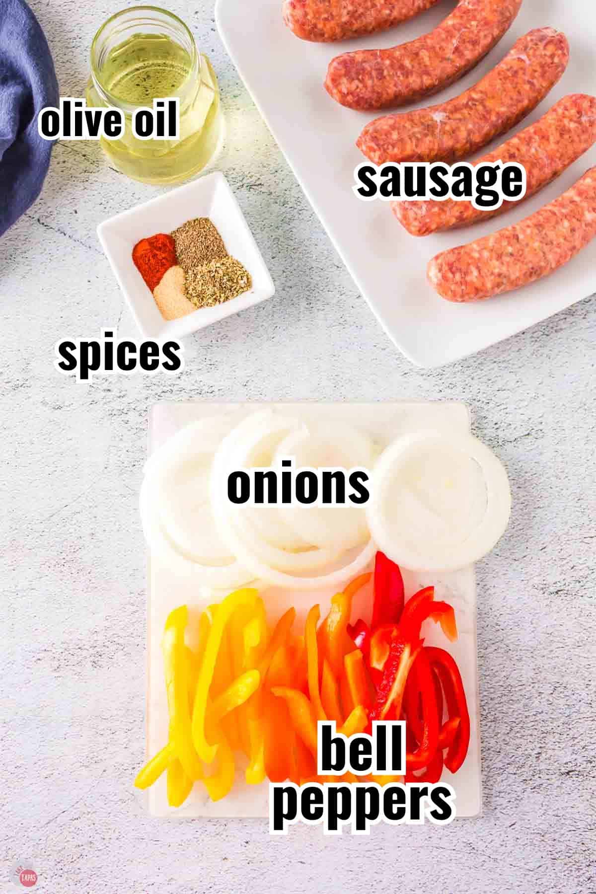 ingredients for a sheet pan recipe with text overlay labeling them