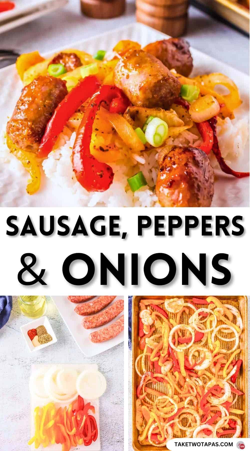 Pinterest pin image for sausage peppers and onions recipe