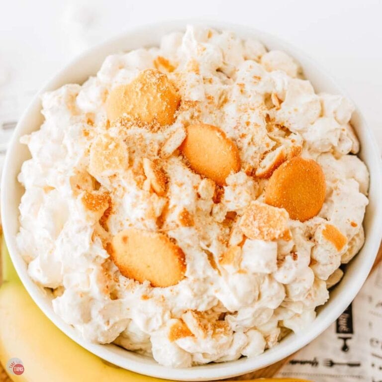 bowl of banana pudding fluff recipe with newspaper under it