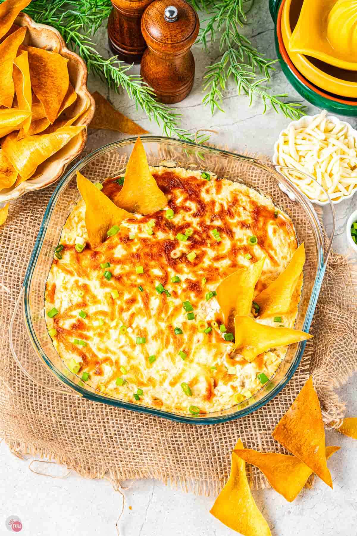 close up of baked dip with 4 wonton chips stuck in it