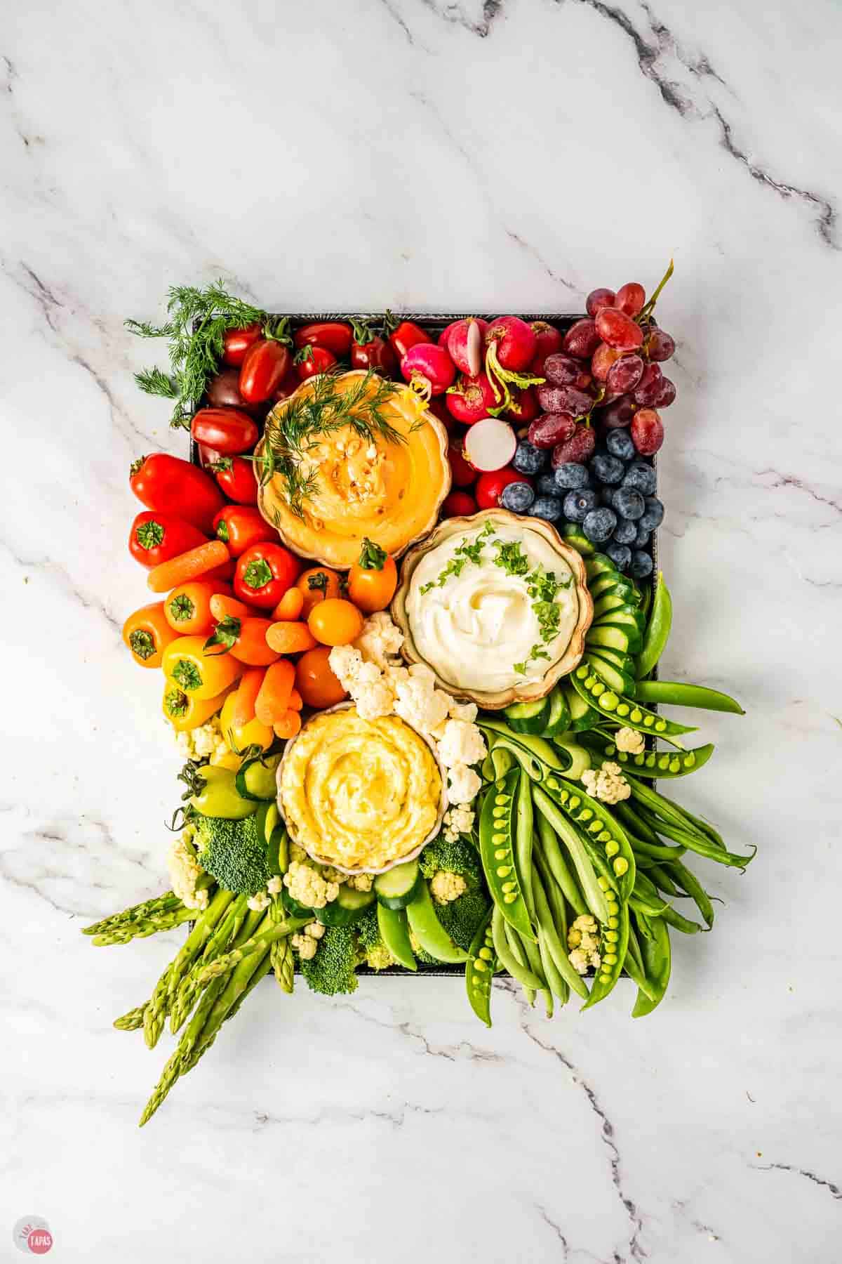 rainbow crudites on a serving tray