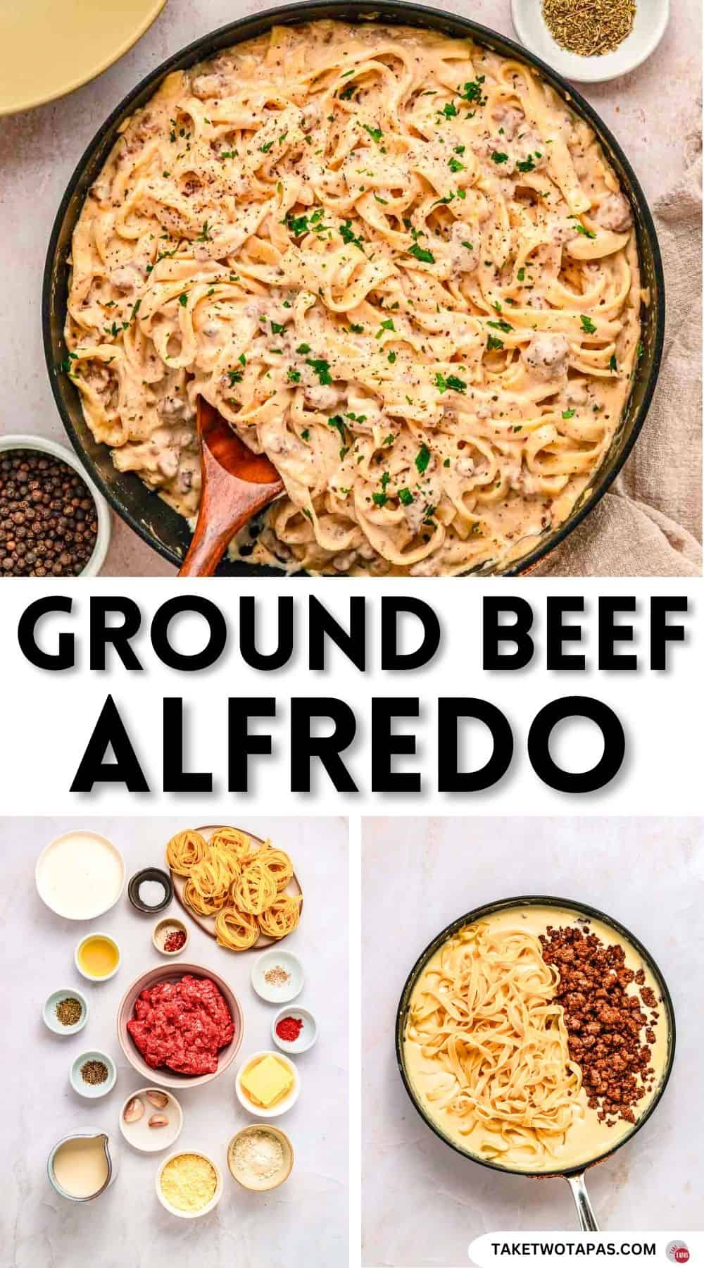 Pinterest pin image for ground beef alfredo recipe