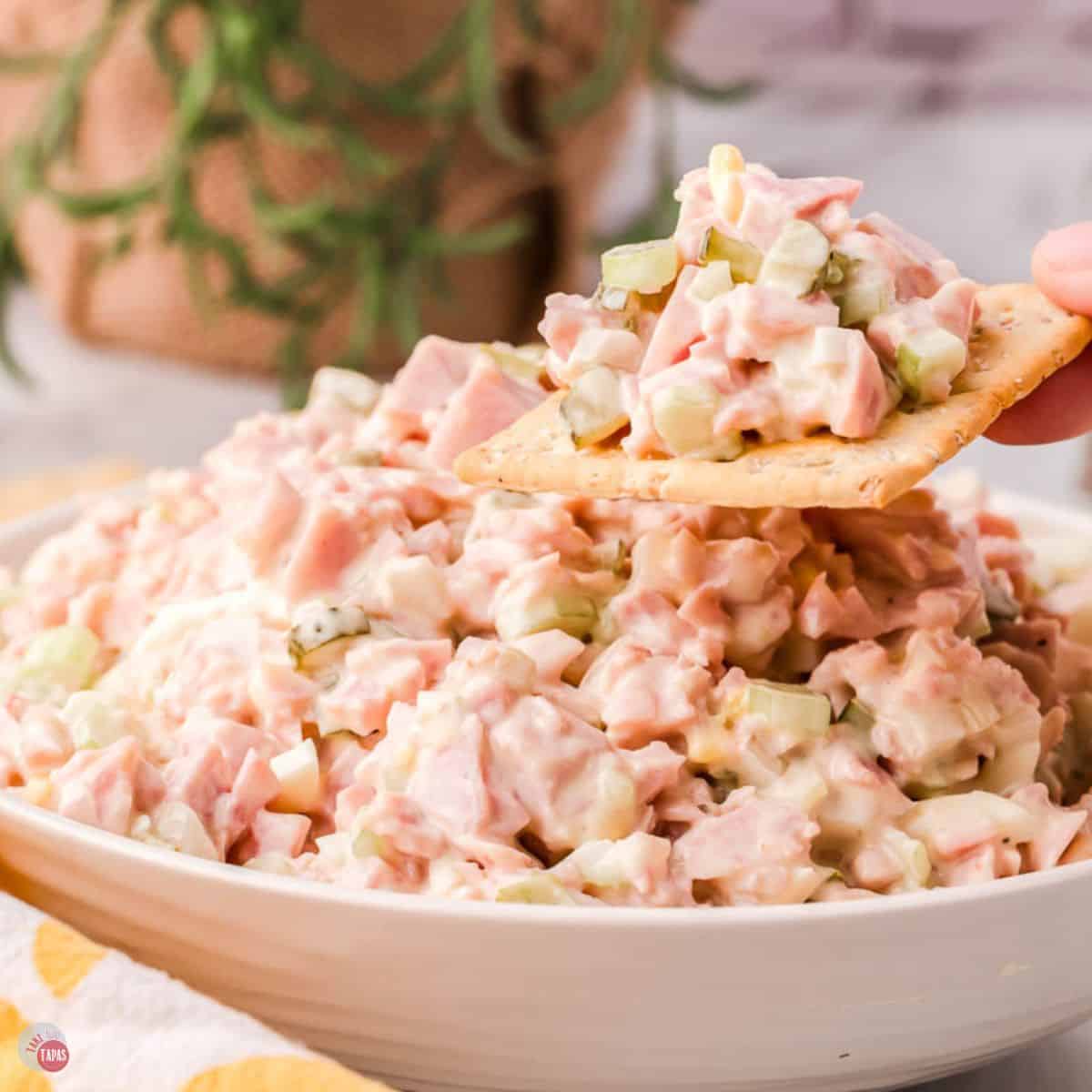 bowl of ham salad with a hand holding a cracker with some on it