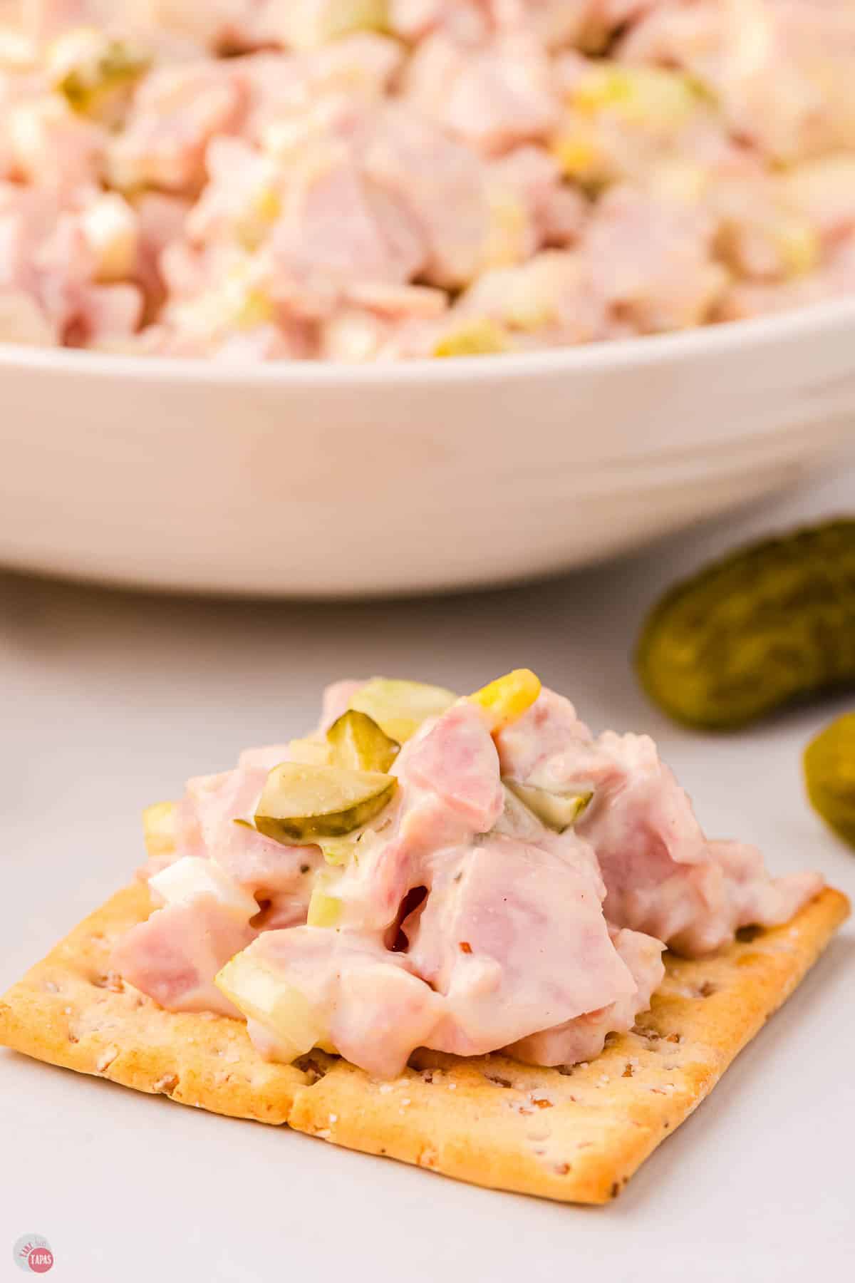 single cracker on a table topped with diced ham and pickles