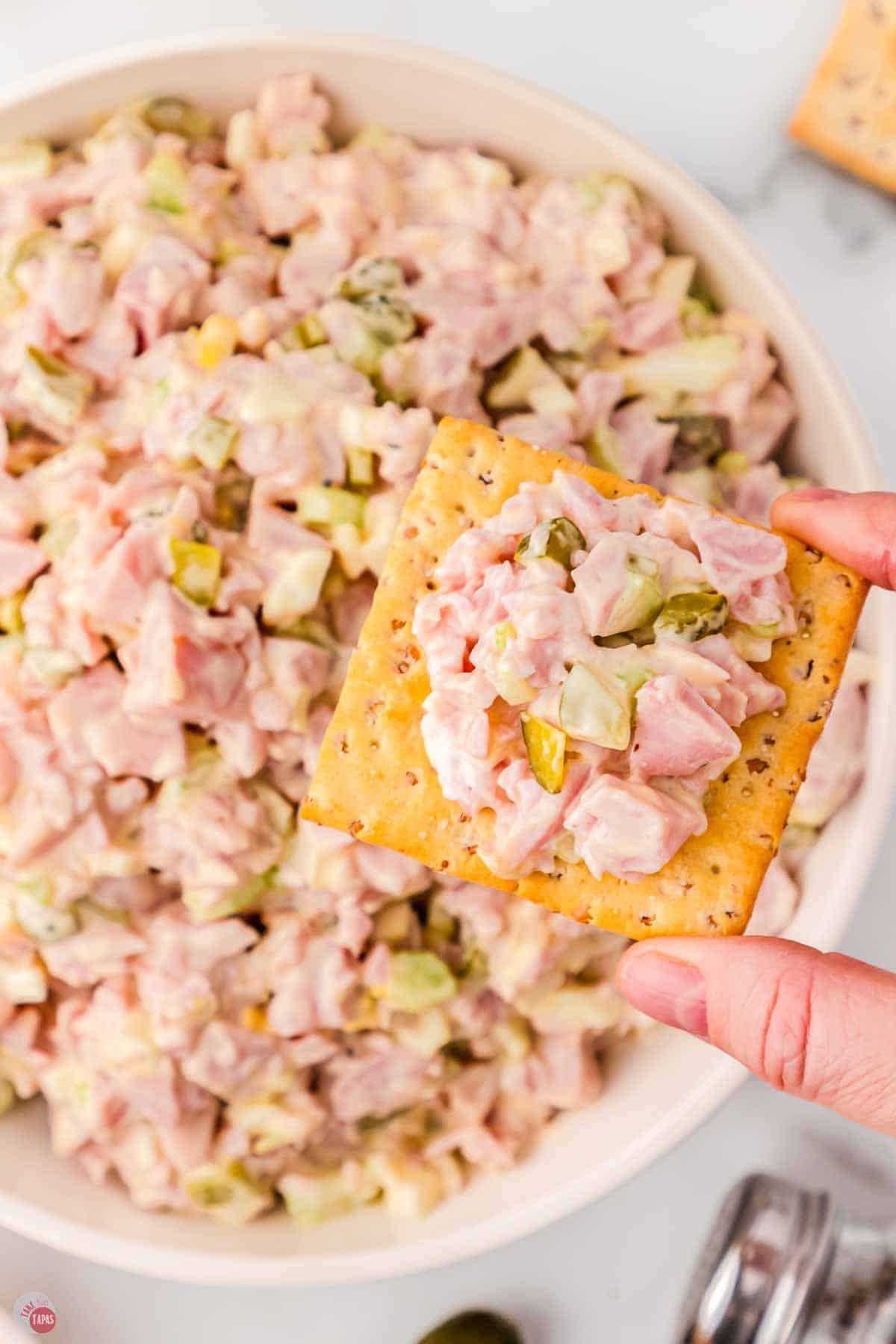 hand holding a cracker with ham salad on it hovering over a bowl of salad