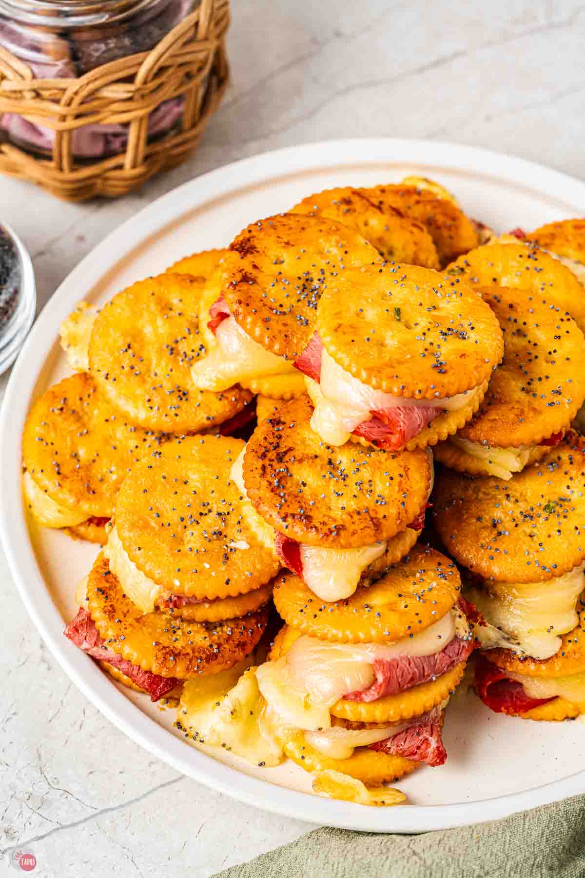 close up of plate of baked Ritz crackers