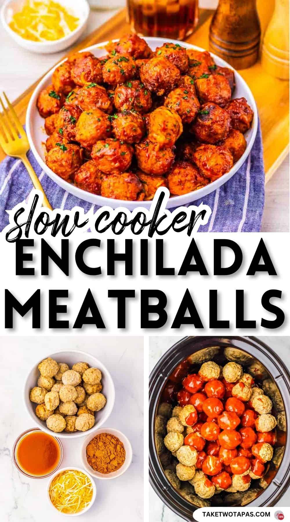 Pinterest pin image for a slow cooker enchilada meatballs recipe
