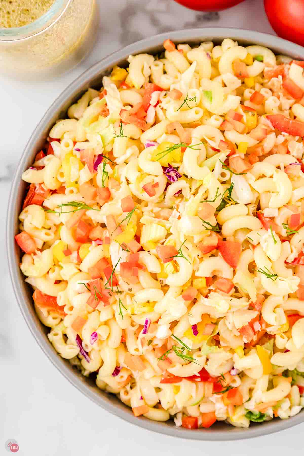 close up of macaroni noodle salad