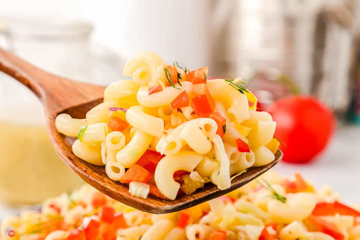 close up of wood spoon with macaroni noodles on it