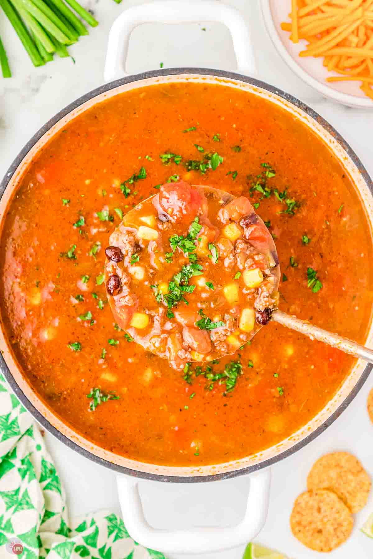 pot of taco soup with a ladle full of it