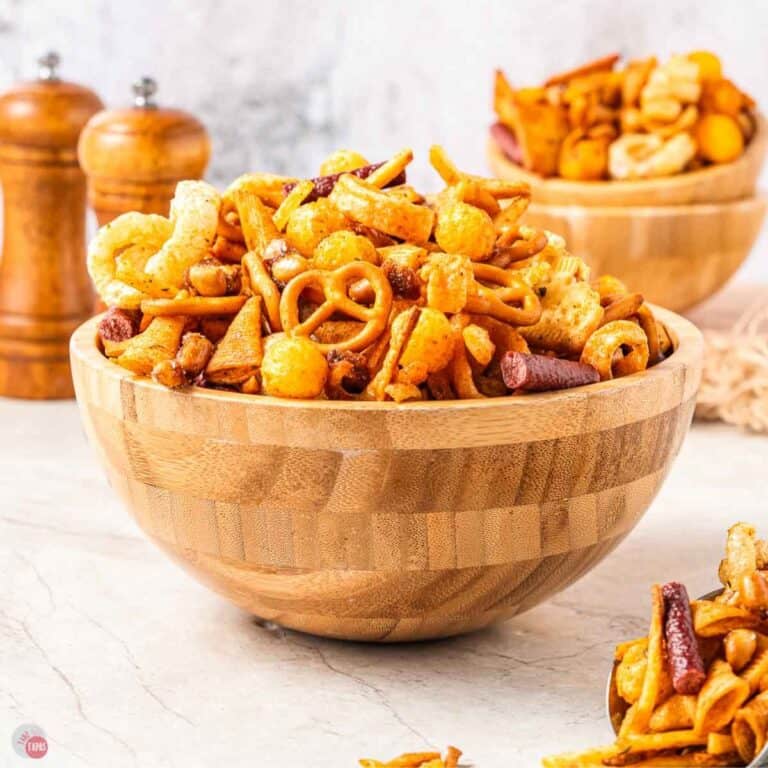 wood bowl of snack mix