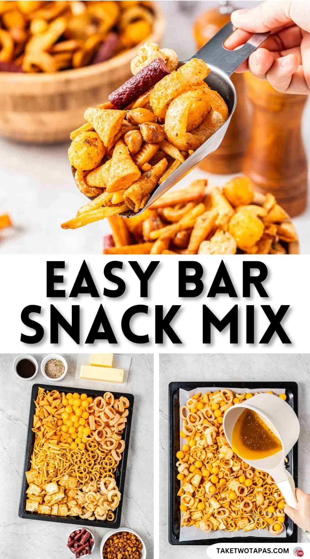 Pinterest pin image for a homemade bar snack mix recipe