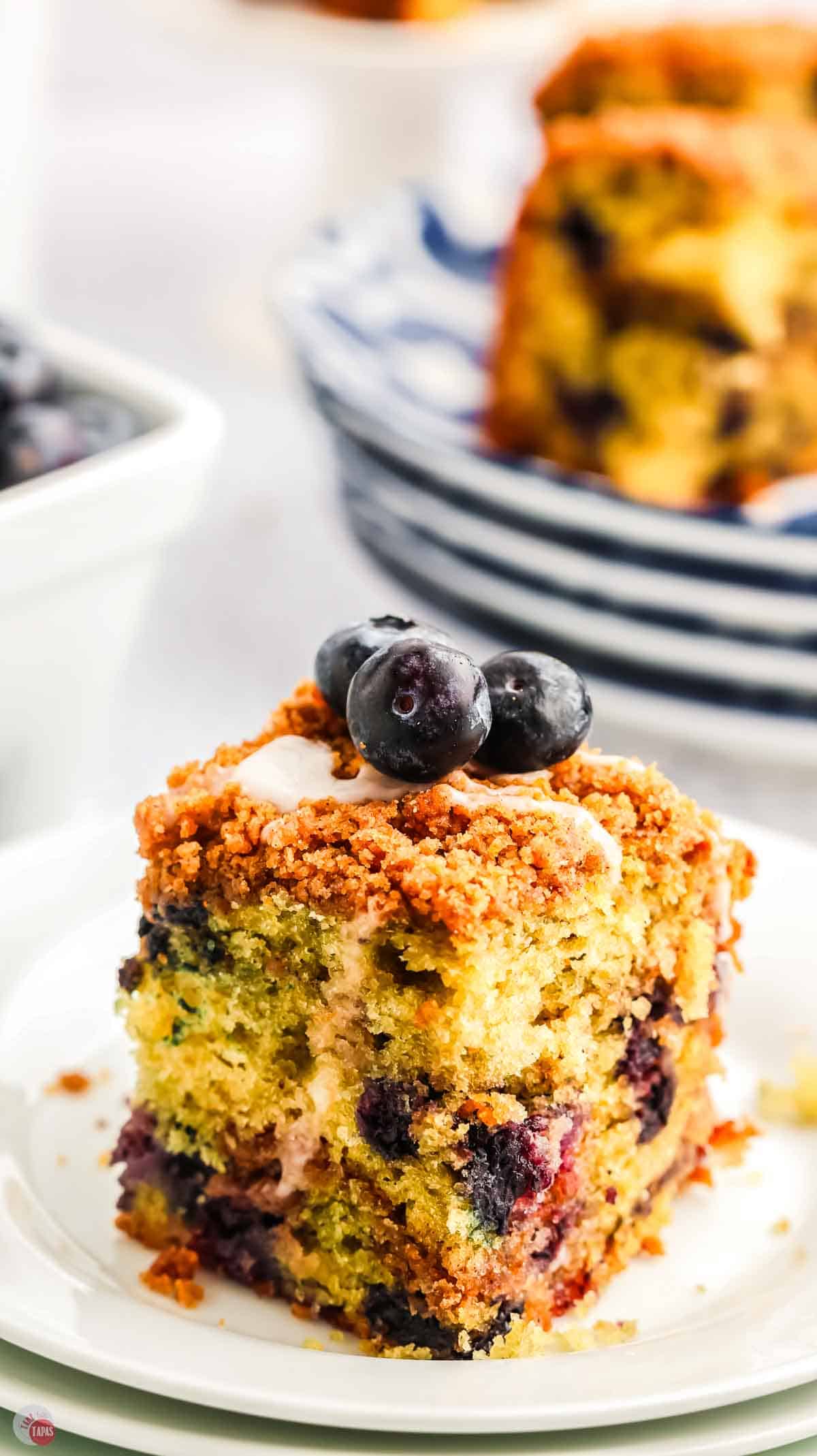 close up of cake topped with blueberries on a white plate