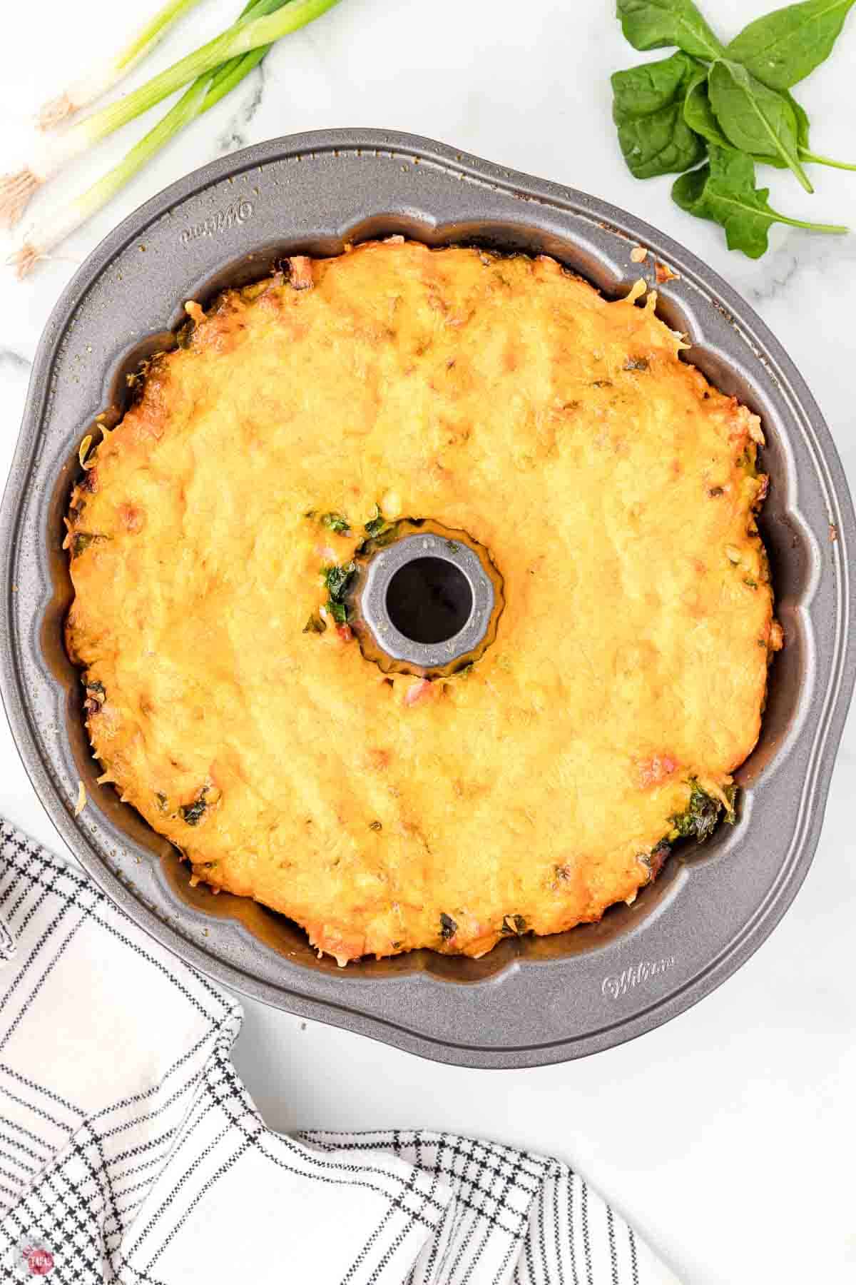 bundt pan filled with eggs and ham