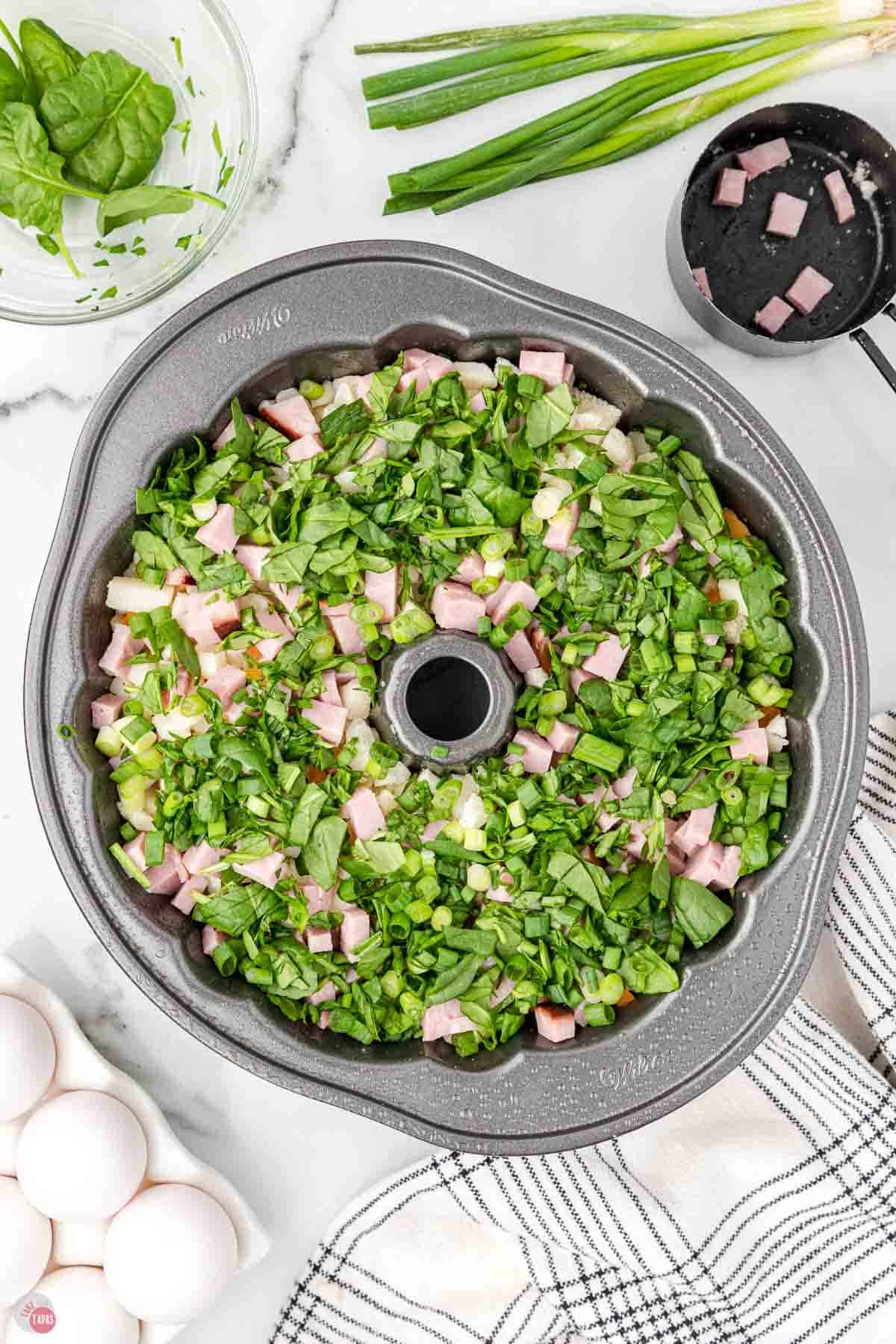 bundt pan filled with ham and spinach